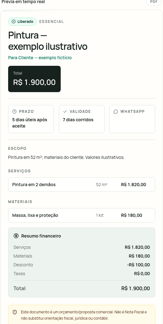 Captura real da prévia do OrçaNaHora com orçamento fictício de pintura, serviços, materiais e total de R$ 1.900,00